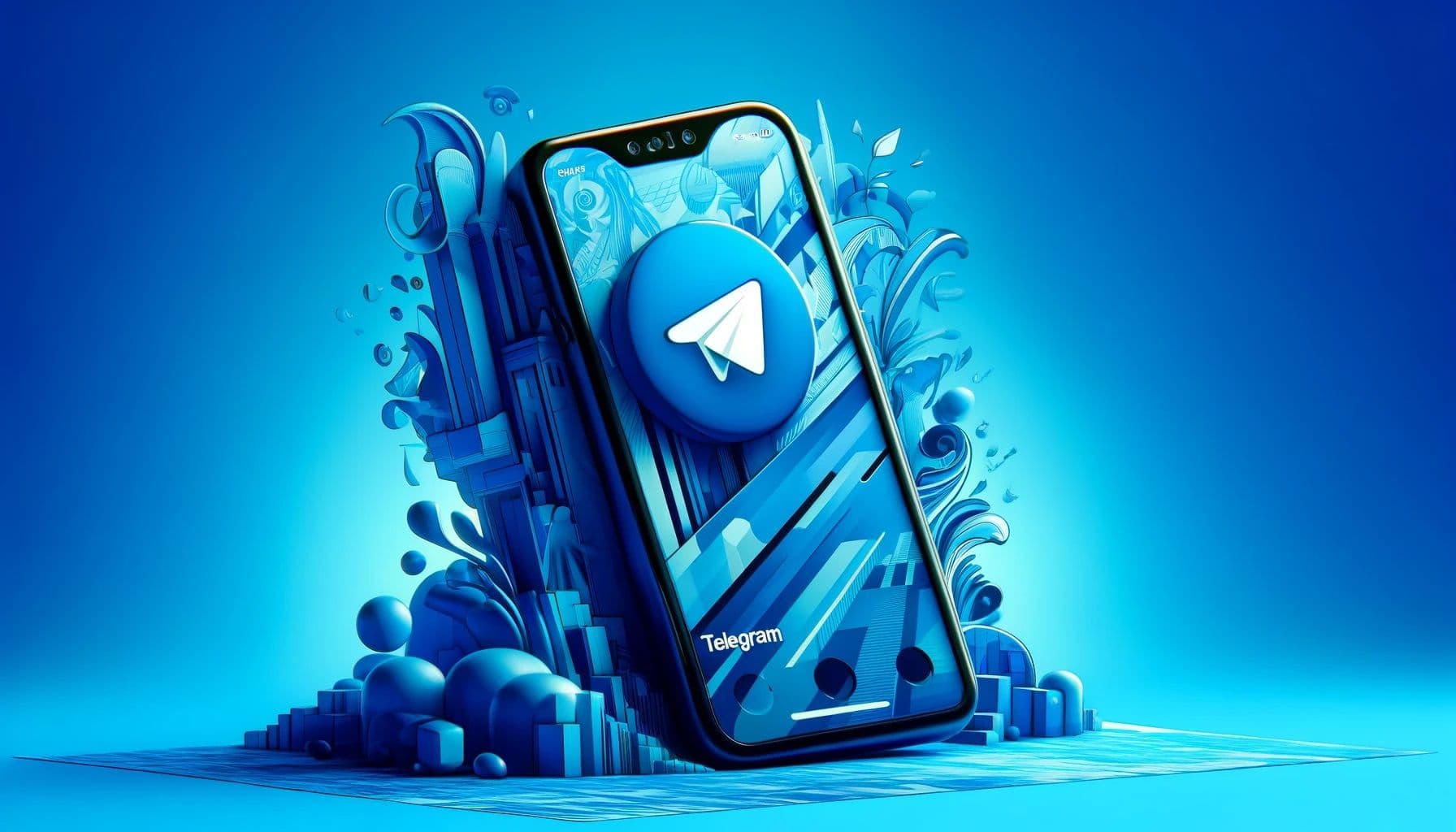DALL·E 2024-04-02 15.31.54 - Envision a monochromatic blue, artistic rendition of a smartphone, stylized with bold shapes and shades of blue, displaying the Telegram app interface.jpg